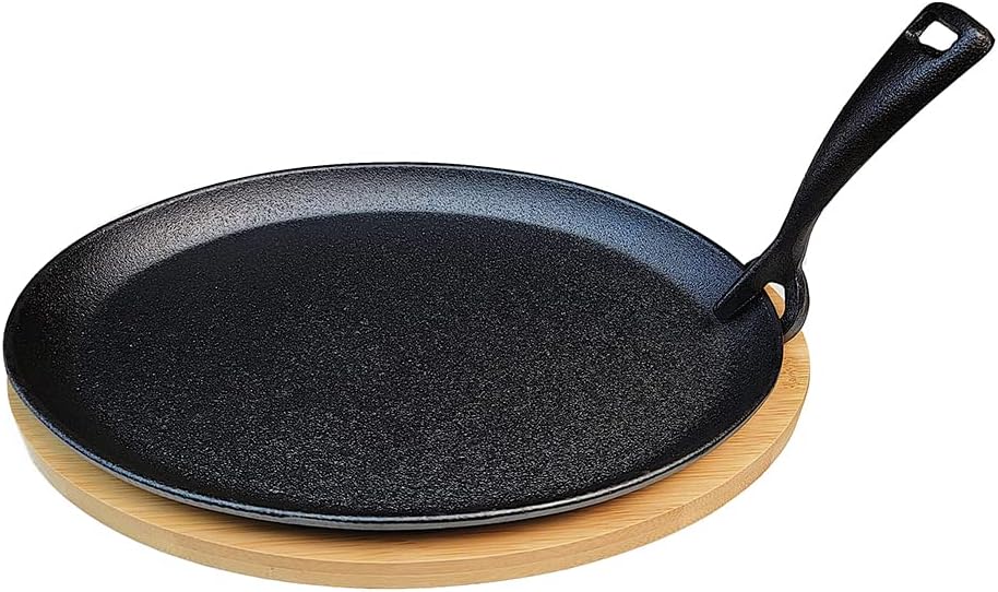 Cast Iron Fajita pan with Bamboo Tray and Handle Set of 4