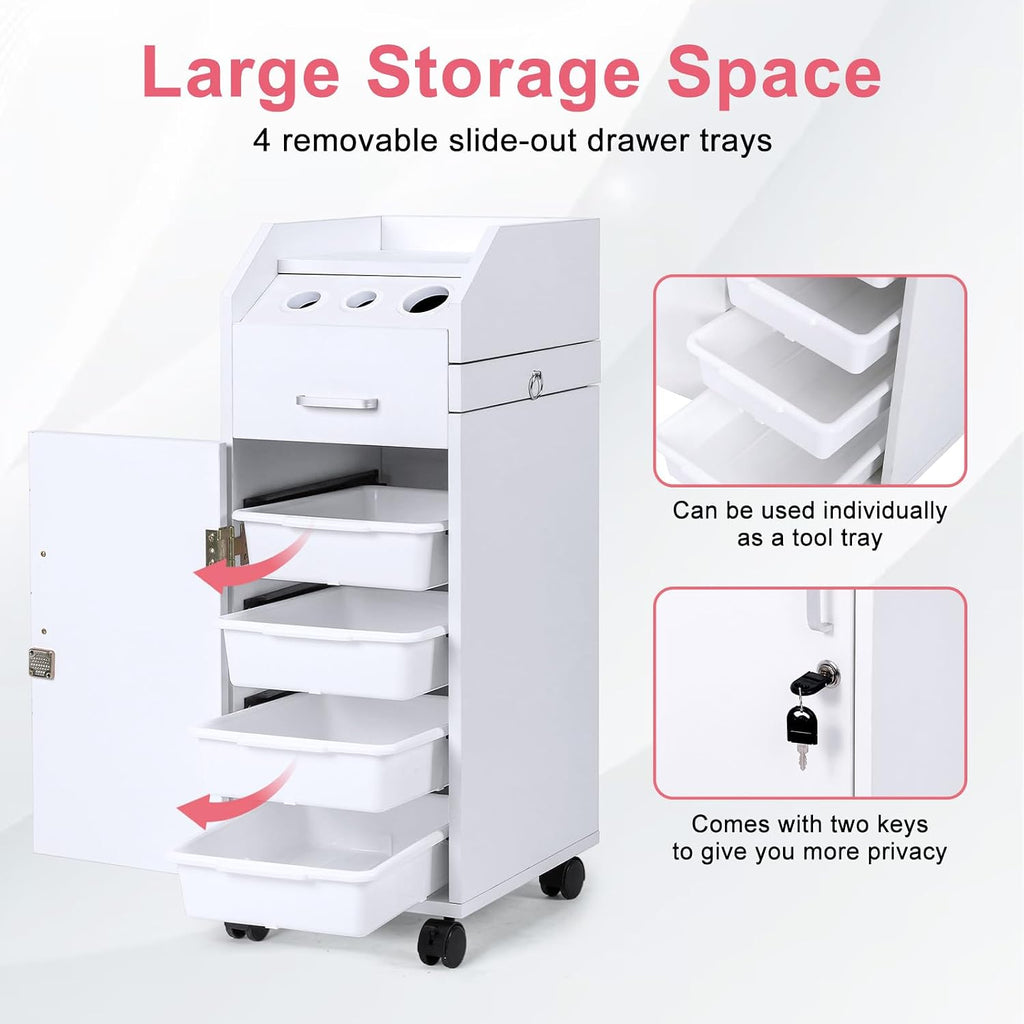Salon Trolley Cart with 4 Trays, 3 Hair Dryer Holders, White | Lockable Beauty Storage Cabinet with 4 Drawers