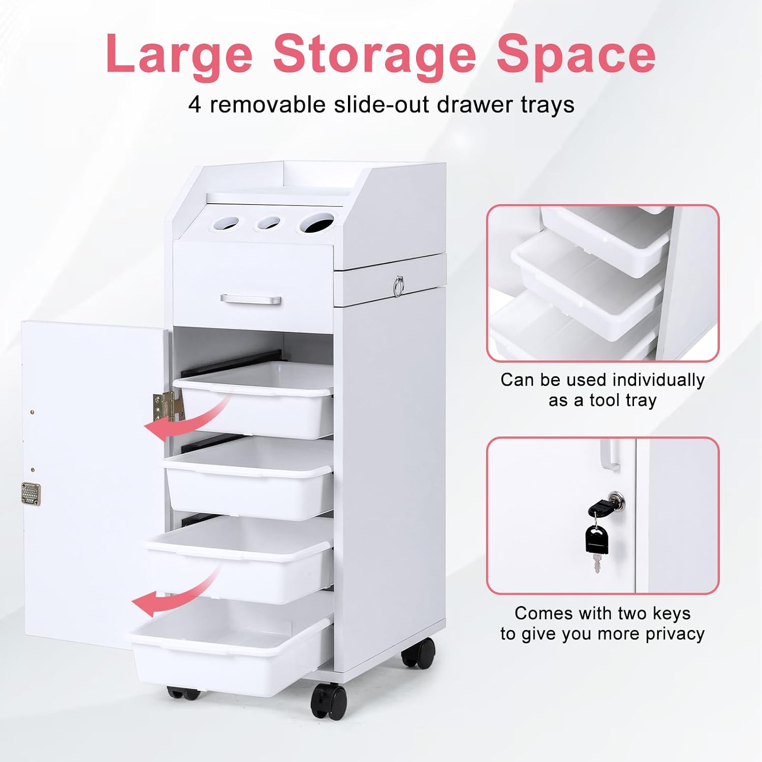 Salon Trolley Cart with 4 Trays, 3 Hair Dryer Holders, White | Lockable Beauty Storage Cabinet with 4 Drawers