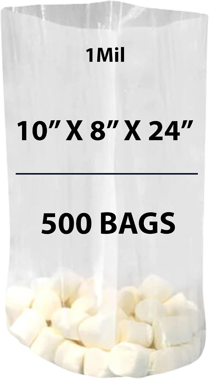 Clear Gusseted Bags 1Mil, 10" X 8" X 24" & 500 Bags | LDPE Material, For Food Packaging, Storage & Display | Heat