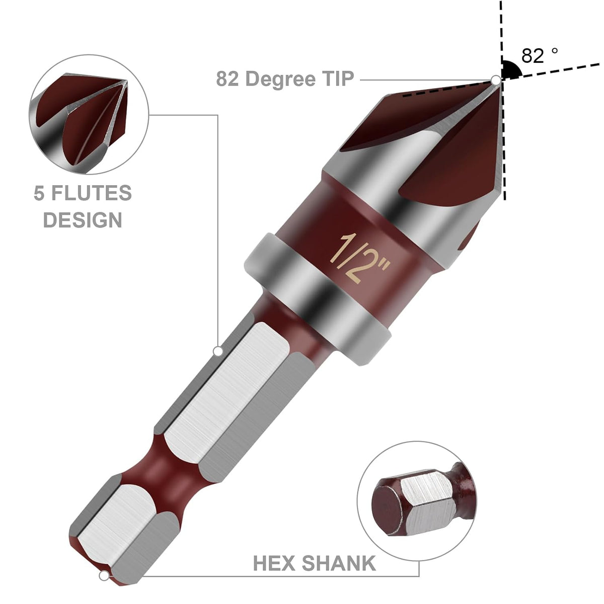 Countersink Drill Bit, 5PCS HSS Hex Shank Countersink Drill Bit Set