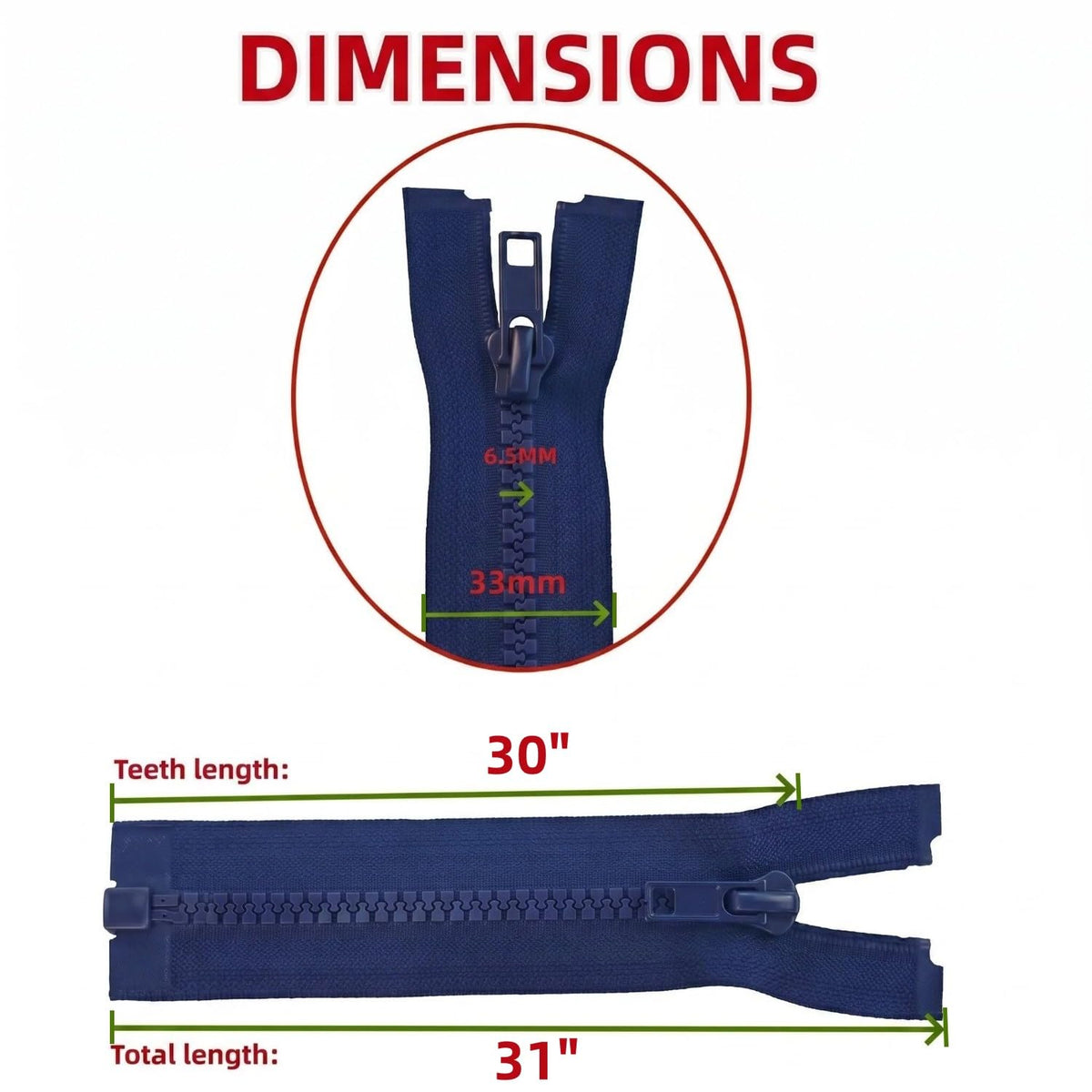 2PCS #5 30 Inch Plastic Separating Jacket Zippers for Men (Navy)