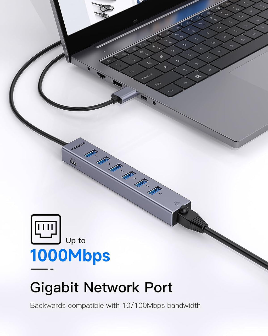 Aluminum USB to Ethernet Adapter with 7-Port USB Hub – 3.9ft Long Cable, Gigabit Ethernet Port, 5V/3A Power Port |