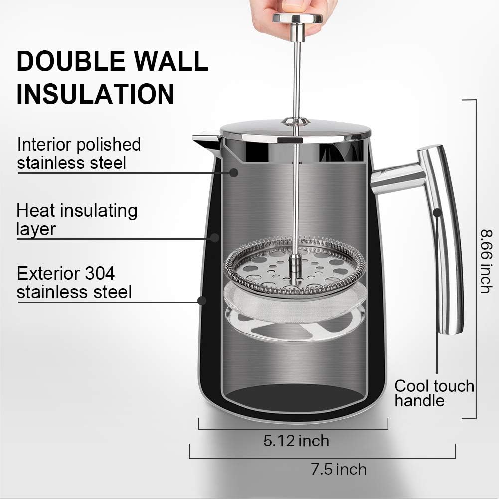 French Press Coffee Maker, 34-Ounce, 304 Stainless Steel Insulated Coffee Press with Extra Screen