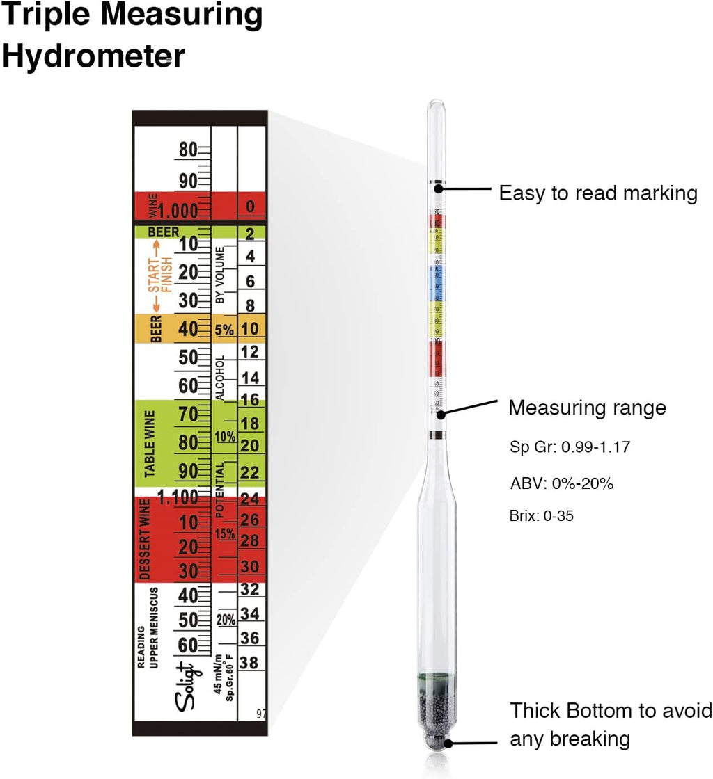 Triple Scale Hydrometer and Glass Test Jar for Wine, Beer, Mead & Cider - ABV, Brix and Gravity Test Kit