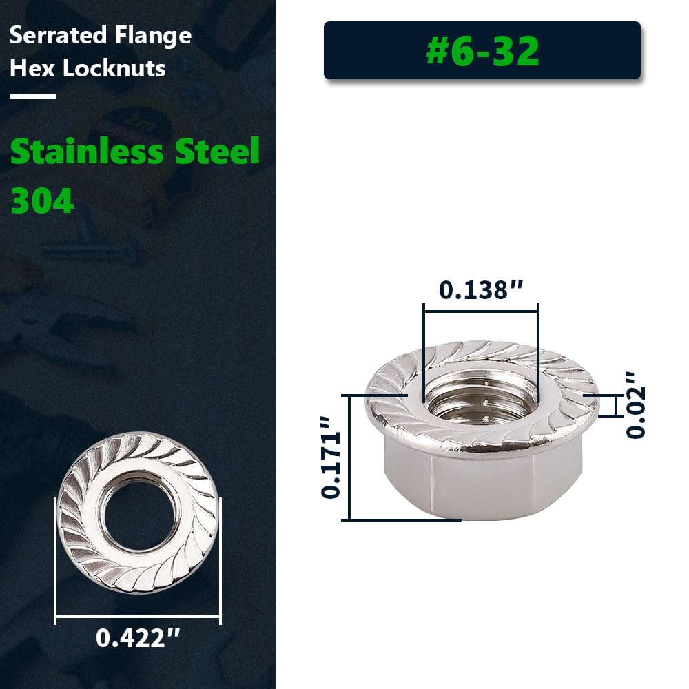 #6-32 (50 Pack) Serrated Flange Hex Nuts, 304 Stainless Steel 18/8 Flange Nuts, UNC Coarse Thread Hex Locknuts