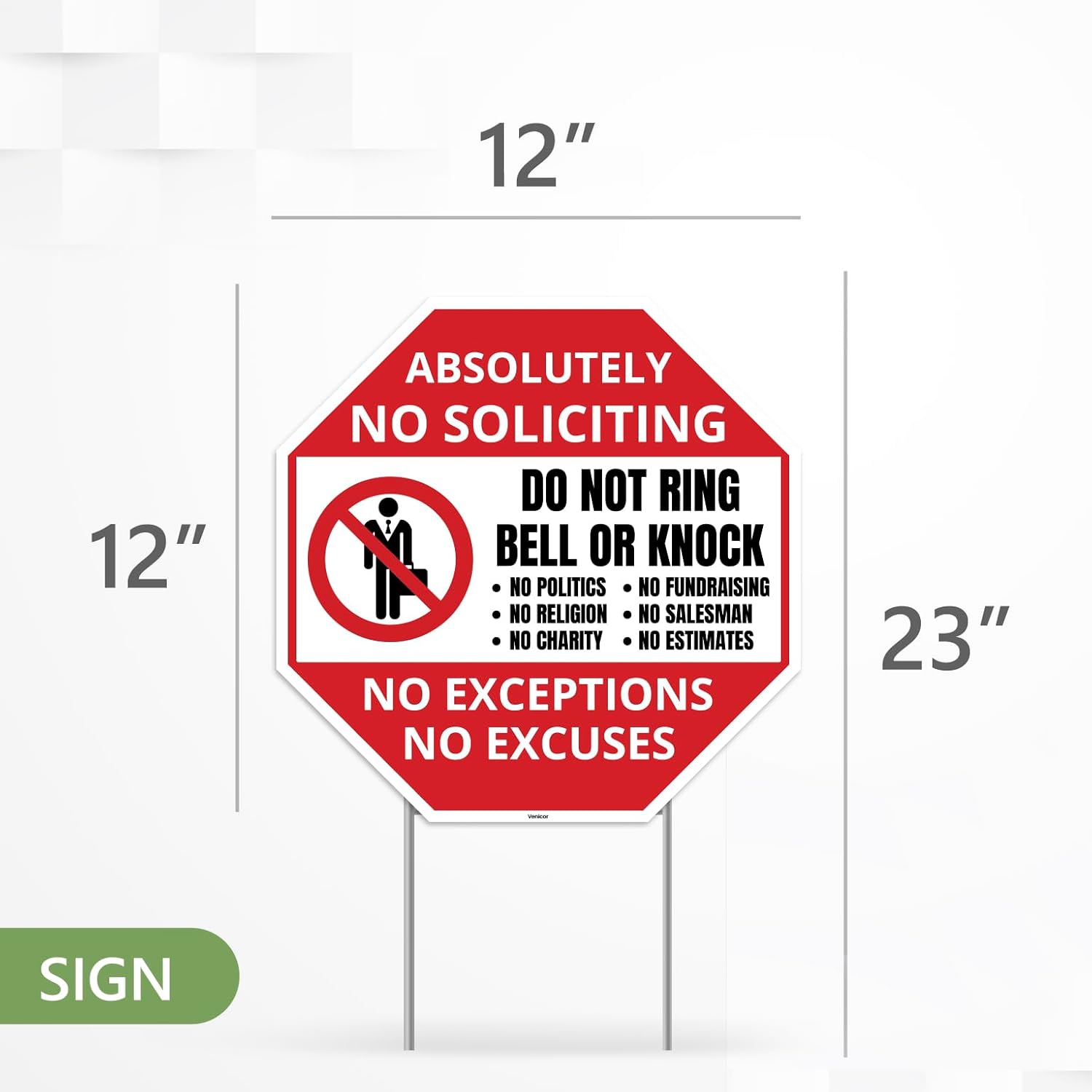 2PC No Soliciting Sign with Stake, 12 Inches by 12 Inches - Corrugated Plastic - No Soliciting No Religious No