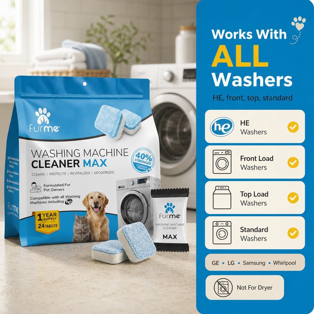 Washing Machine Cleaner MAX Tablets for Pet Owners – 24 Pack Deep Cleaning Descaler for HE Front & Top Load Washers –