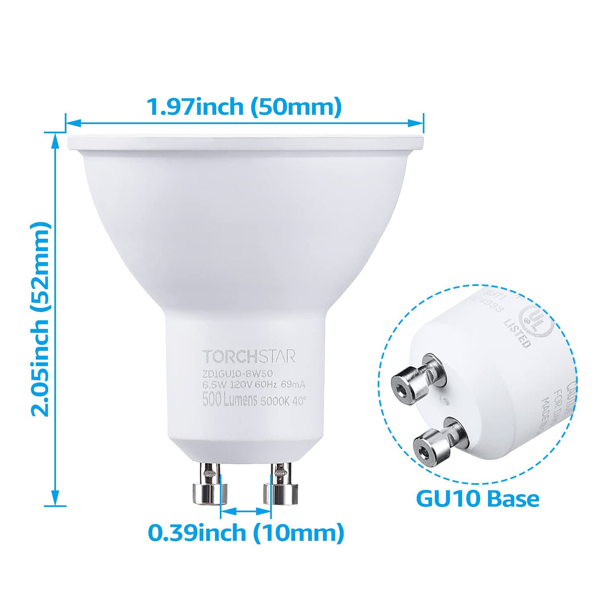 6-Pack GU10 LED Bulbs Dimmable, 5000K, UL Listed