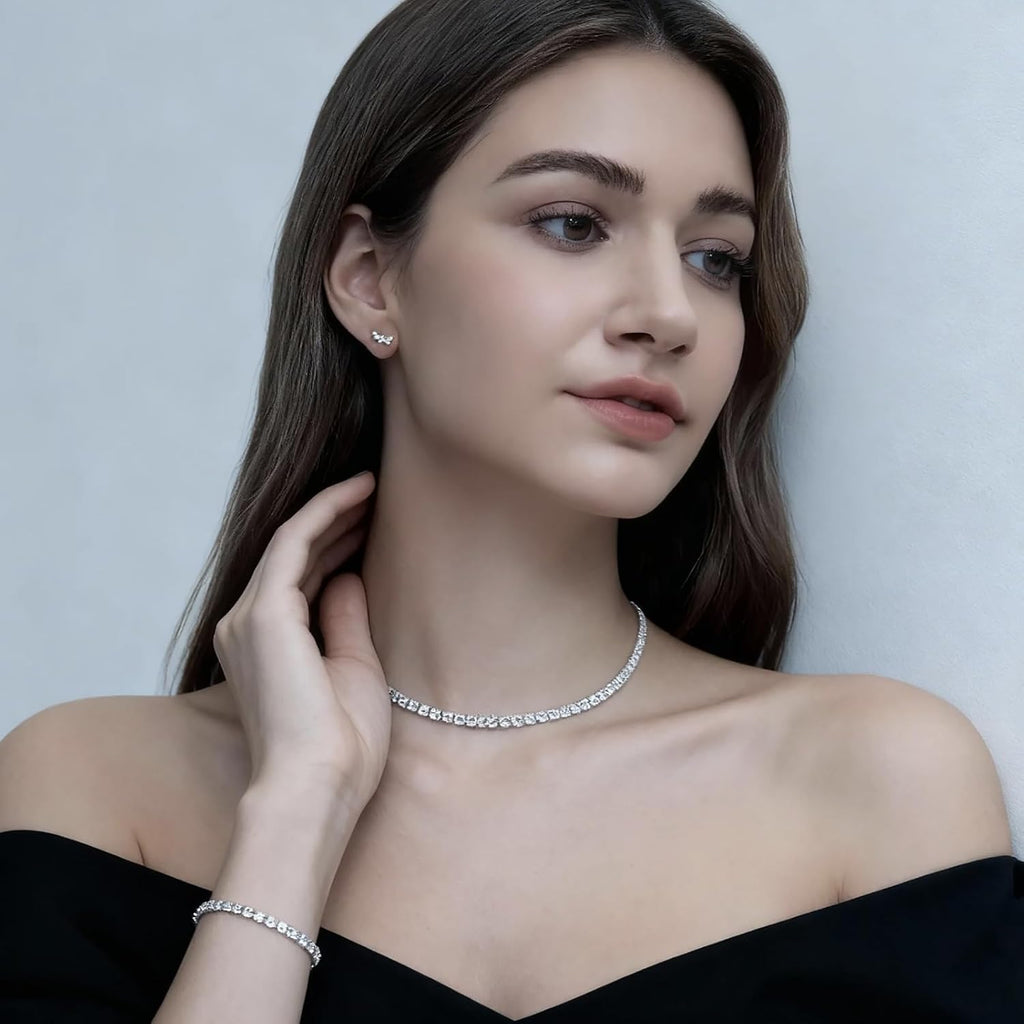 Crystal Wedding Jewelry Set, Silver Necklace Earrings Bracelet Crystal Bridal Wedding Jewelry Sets for Brides