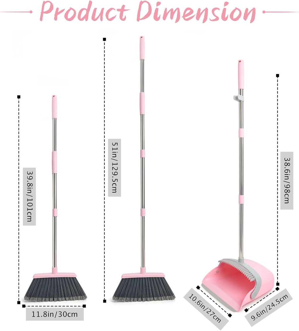 Broom and Dustpan Combo Set, Long Handle and Standing Dust Pan with Comb Teeth, Efficient Floor Cleaning for Kitchen