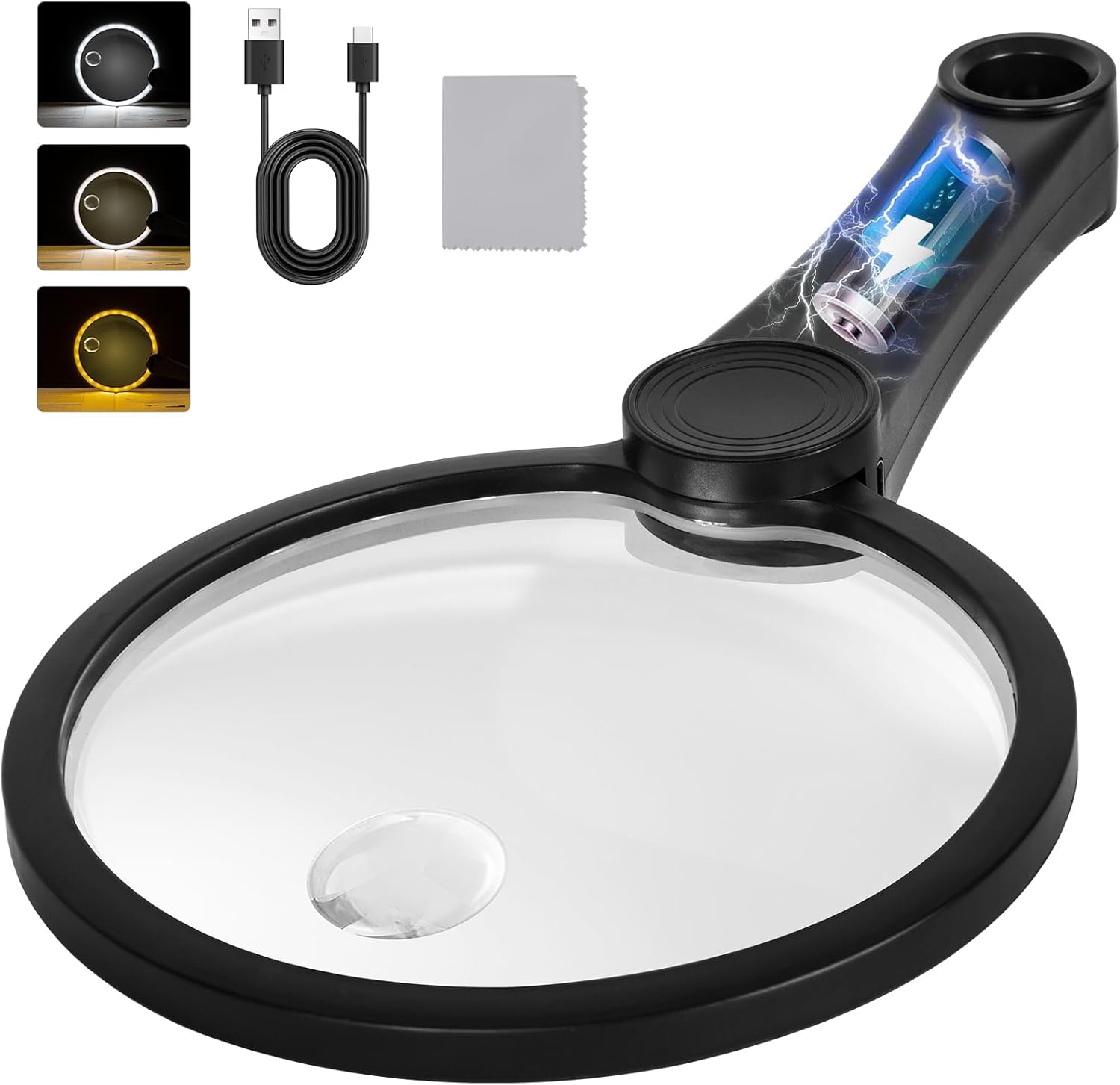 15X Rechargeable Magnifier with Light, Handheld Magnifying Glass | 20 Daylight LEDs, 3 Gear Dimming, 4.33 Inch Large