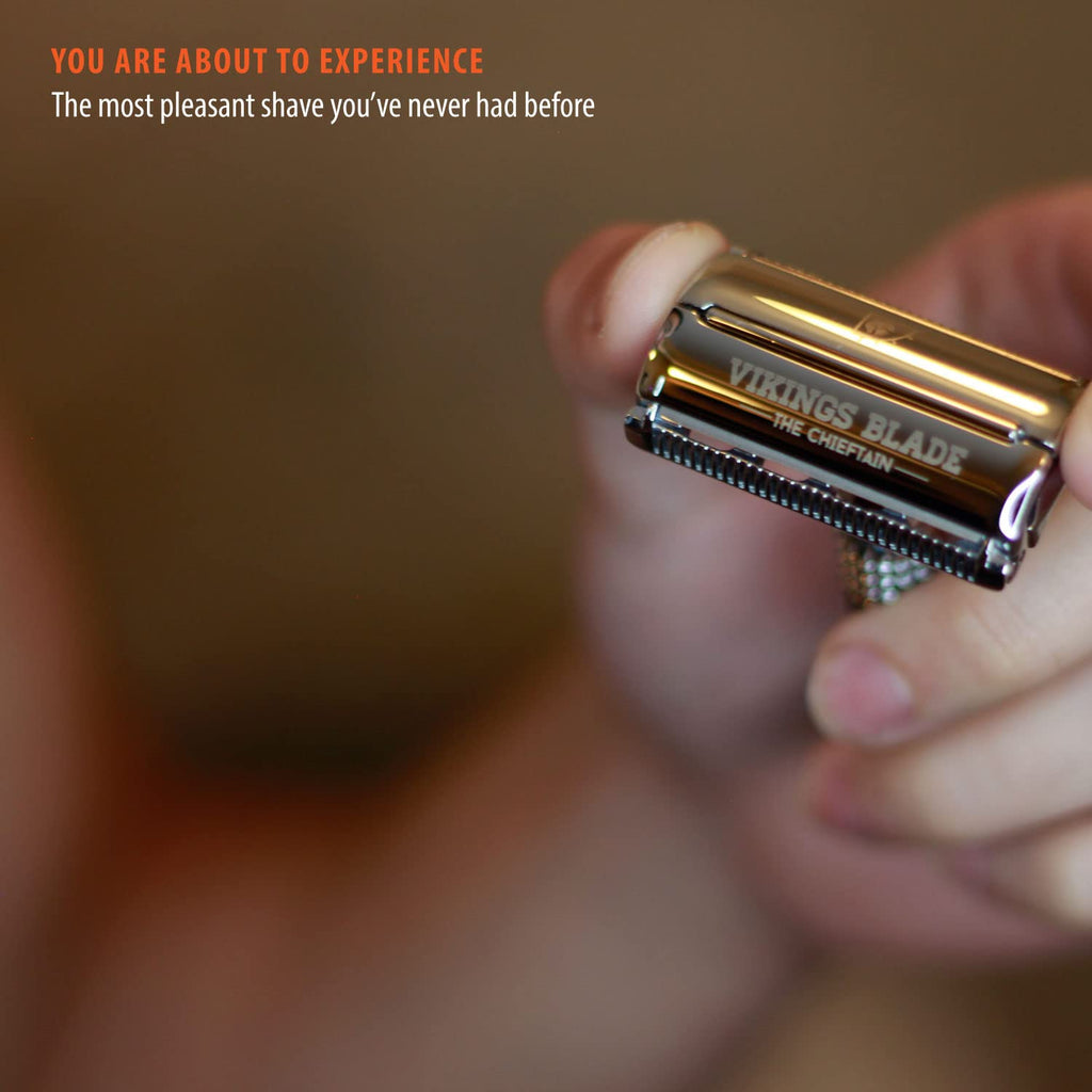 Double Edge Safety Razor for Men + 5 Swedish Steel Blades + Luxury Case. Smooth, Reusable, Eco-Friendly (The Chieftain)