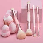Pink Makeup Brushes set, 4 Dual-Ended Brushes, 3 Makeup Sponges & 1 Metal Stand, Professional Complete Cosmetic Brush