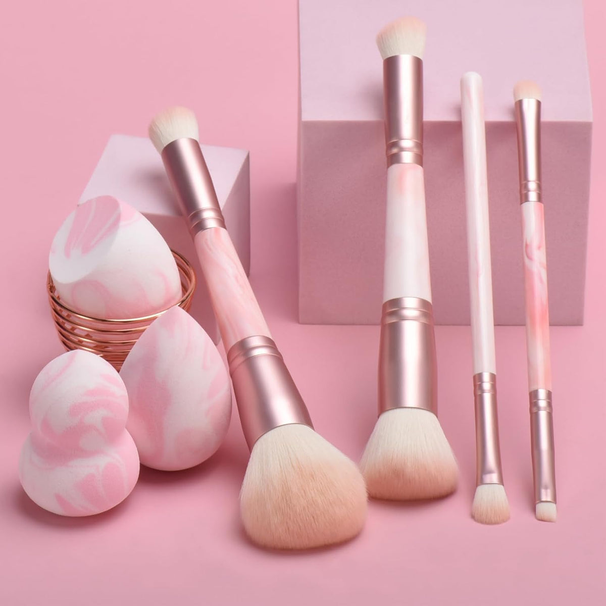 Pink Makeup Brushes set, 4 Dual-Ended Brushes, 3 Makeup Sponges & 1 Metal Stand, Professional Complete Cosmetic Brush