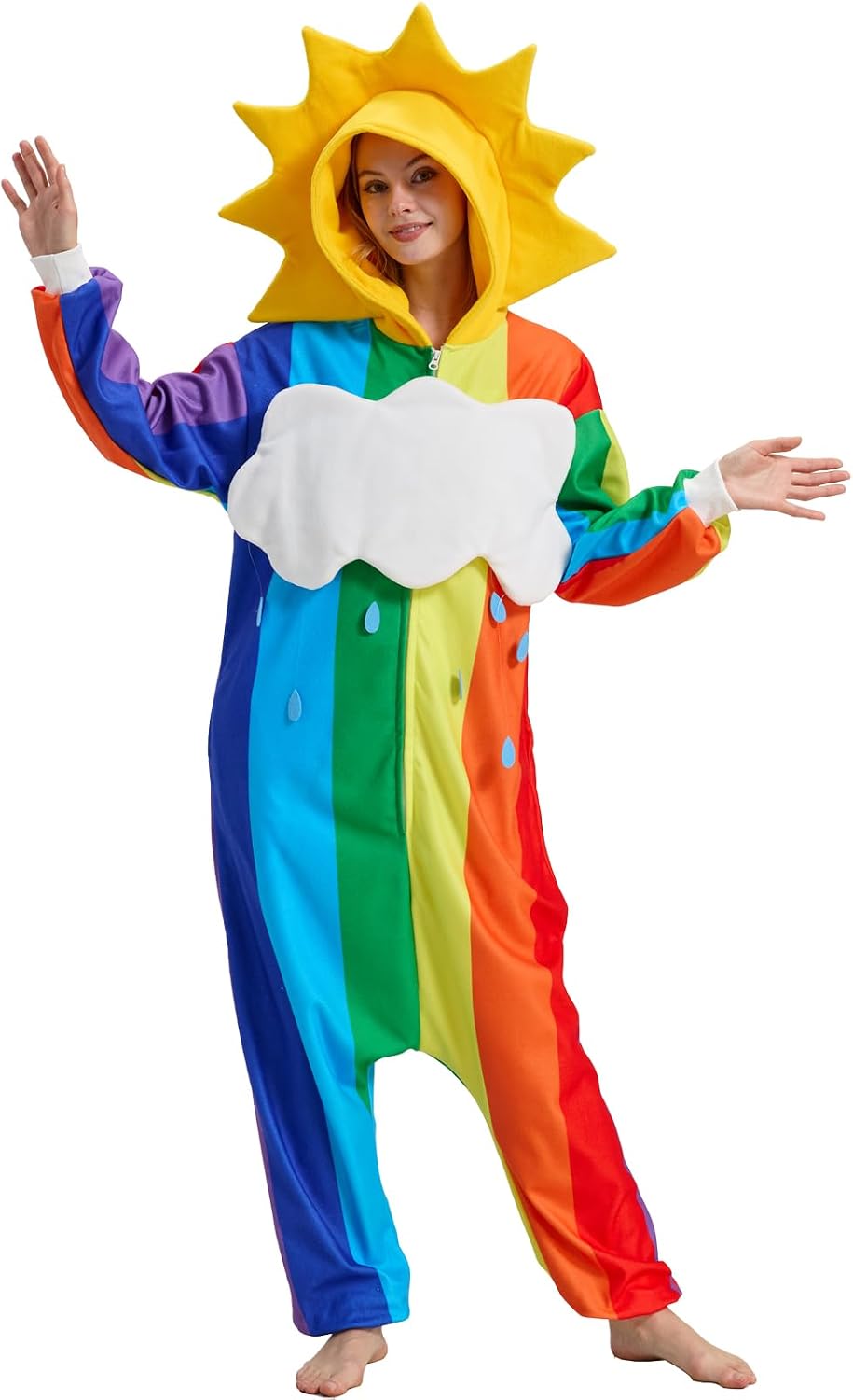 Rainbow Onesie Pajamas with Sun-Shaped Hood,Detachable Cloud, Colorful Halloween Costume Jumpsuit for Adults