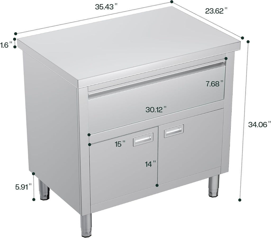 36x24x34 in Stainless Steel Work Table with Cabinet and Drawer
