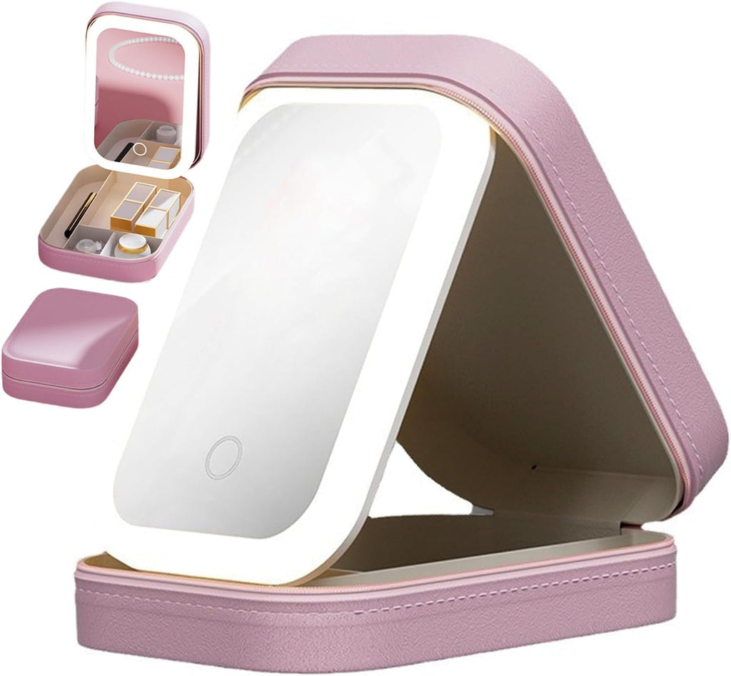 Adjustable Brightness Travel Makeup Case with LED Lighted Mirror Compact Small Organizer Bag with Divided Storage for
