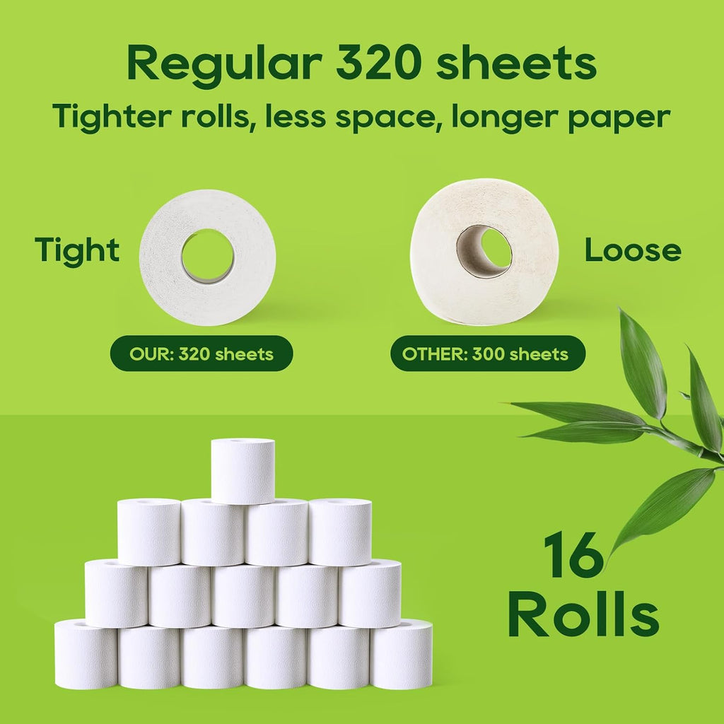 Bamboo Toilet Paper 2 Ply, 16 Double Rolls, 320 Sheets, White