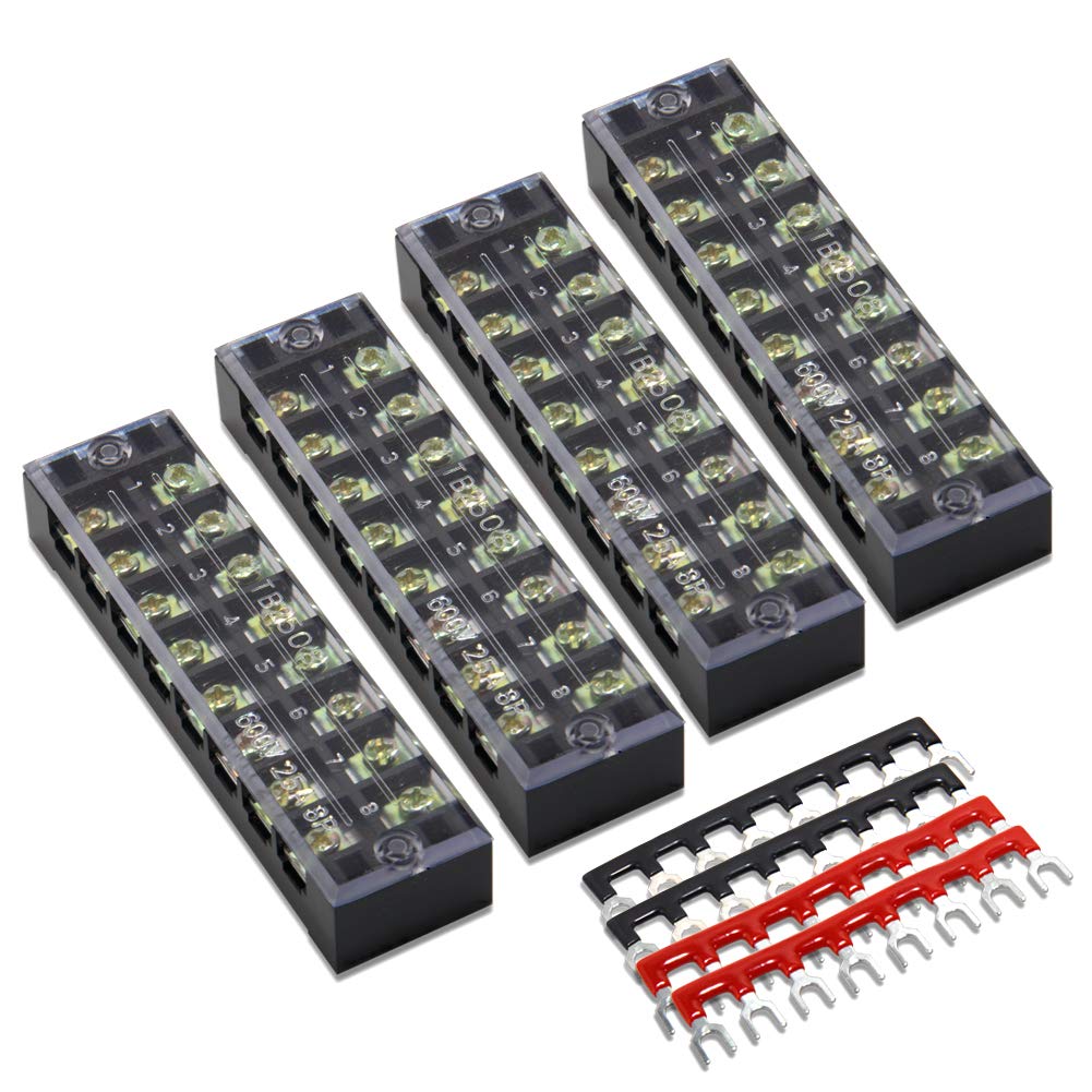 Terminal Block, 8 Circuits 600V 25A Dual Row Screw Terminal Strip, 4 Sets