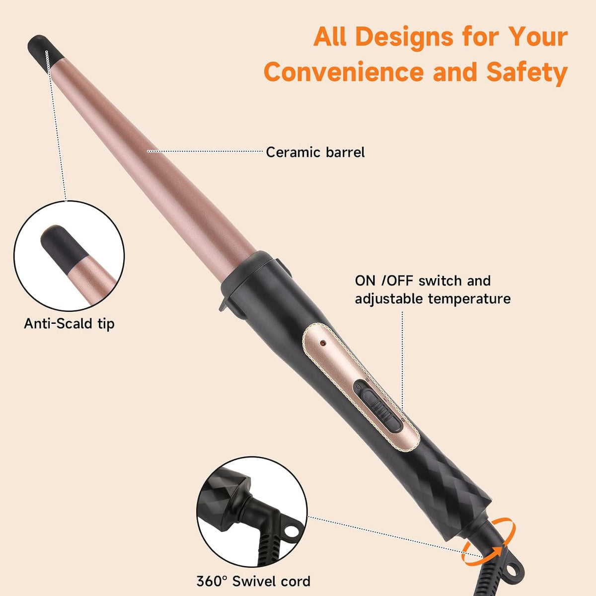 1/2 Inch to 1 Inch Tapered Curling Wand for Short, Medium & Long Hair | Tourmaline Ceramic Wand Curling Iron for