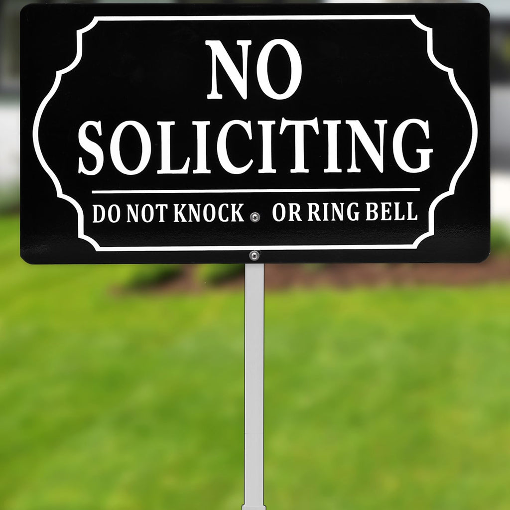 No Soliciting Sign for House with Metal Stake, 7 x 13 Inch/35 Inch High, Do Not Knock or Ring Bell, Aluminum Yard