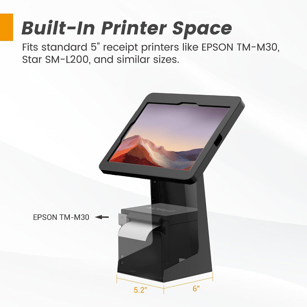 All-in-One Tablet POS Stand with Printer Compartment, All Metal Desktop Kiosk with Key Lock, 90° Flip Enclosure