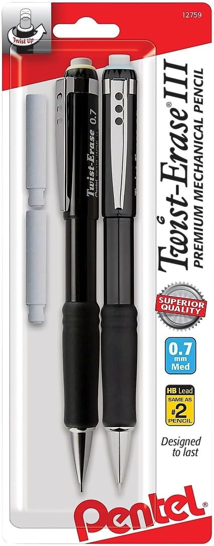 Twist-Erase III Mechanical Pencil, (0.7mm), Assorted Barrel Colors with 2 Eraser Refills, Pack of 2 (QE517BP2)