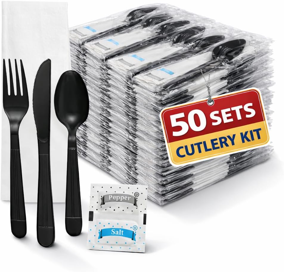 Cutlery Set Disposable Packet, Plastic Individually Wrapped Utensils Set – Knife, Fork, Teaspoon, Napkin, Salt &