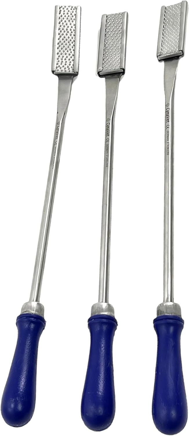 Horse Dental Float Rasp Set (3 PCS) - German Stainless Steel Equine Hand Tool Kit for Vet & Farrier - Straight, Up, &