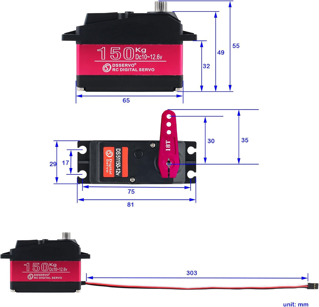 12V 150KG DS51150 Digital RC Servo Full Metal Gear 270 Degree | Waterproof IP67, 18T Metal Servo Arm, For Baja Car