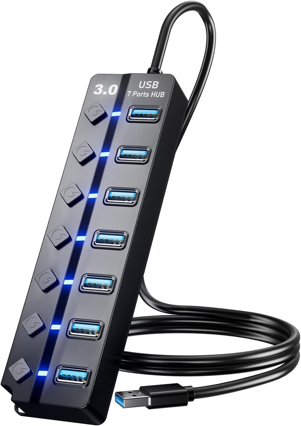 USB 3.0 Hub, 7-Port with Individual On/Off Switches & LED Indicators, 5Gbps High-Speed Data Hub for Laptop, PC