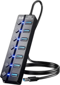 USB 3.0 Hub, 7-Port with Individual On/Off Switches & LED Indicators, 5Gbps High-Speed Data Hub for Laptop, PC