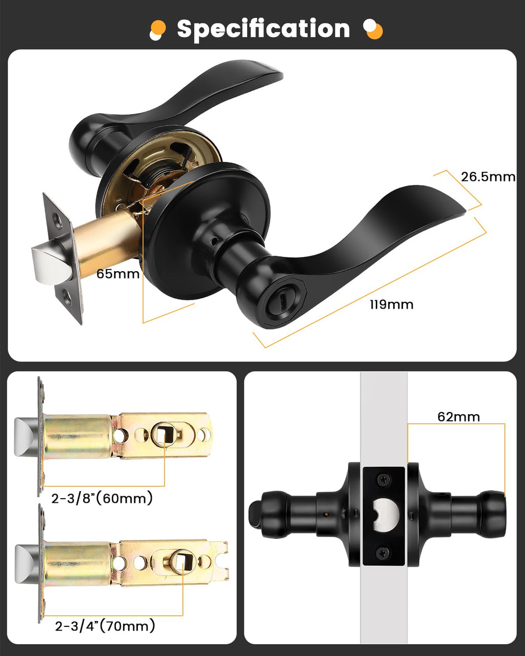15 Pack Matte Black Privacy Door Handles Levers, Interior Keyless Bed and Bath Wave Door Knobs, Thumb-Turn Locking Inside