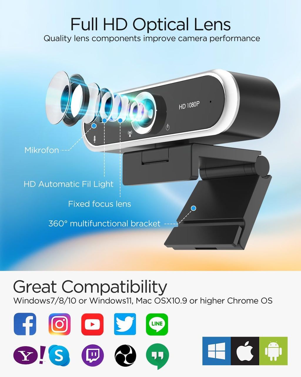 Webcam 1080P with Microphone & Privacy Cover for PC/Laptop, USB Computer Camera Plug & Play with Auto Light