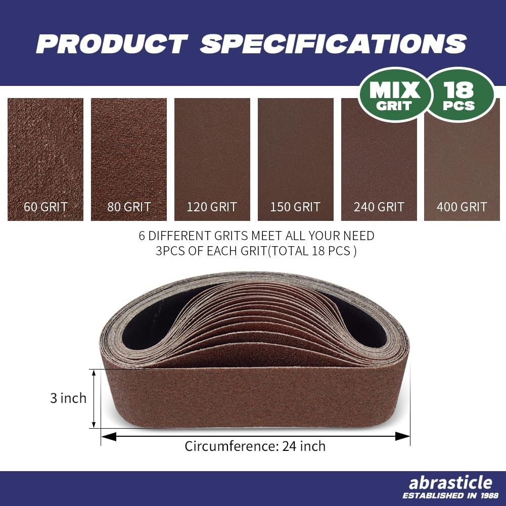 18 Pcs 3 x 24 Inch Assorted Aluminum Oxide Sanding Belt - 60/80/120/150/240/400 Grit
