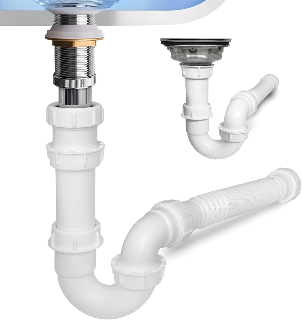 White 1 1/4" and 1-1/2" P-Trap Plumbing Kit with Threaded Adapter, J-Bend for Restroom Sink Kitchen Sink Drain Pipe