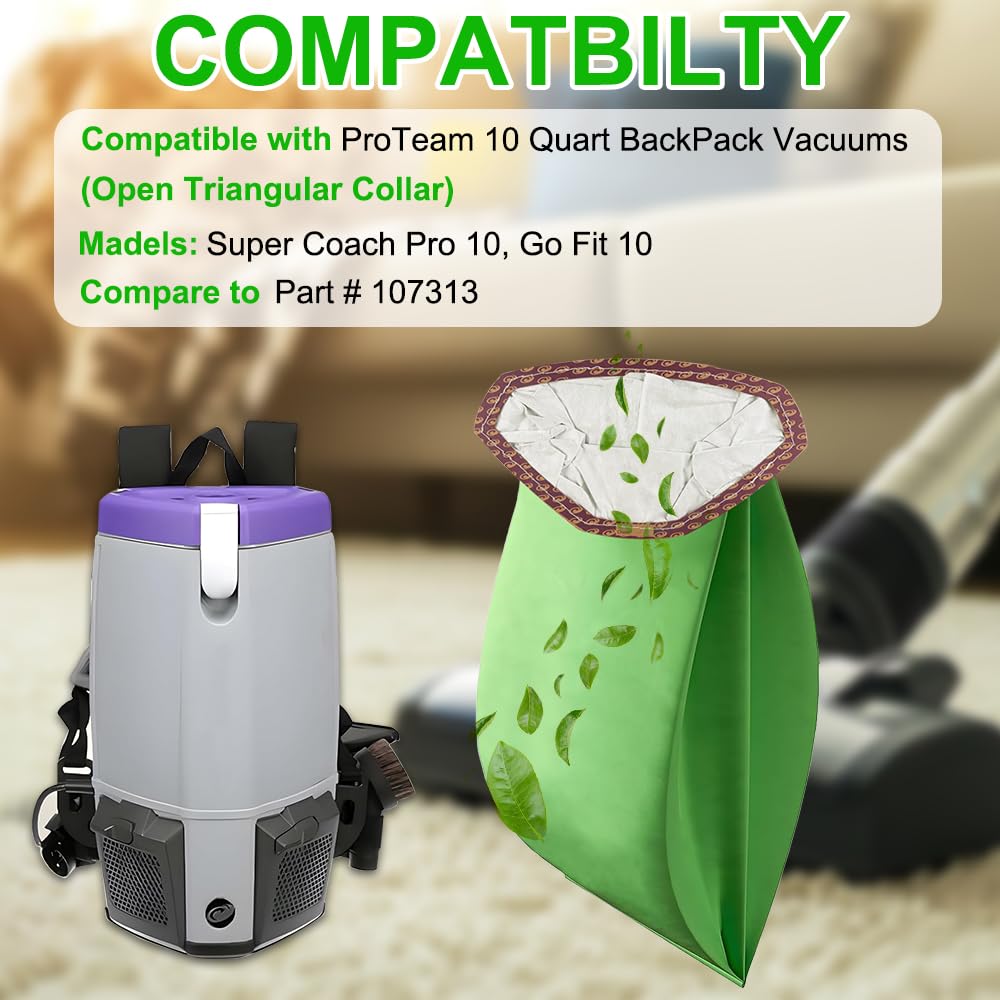 5 Pack 107313 Backpack Vacuum Bags Compatible with ProTeam 10 QT Vacuum