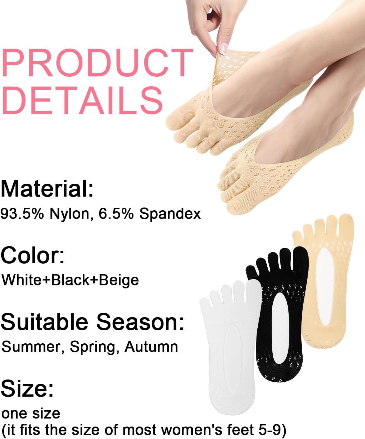 6 Pair Bunion Relief Socks, Toe Alignment Compression Toe Separator Socks, No Show Low Cut Liner Five Finger for