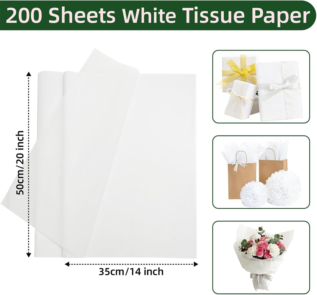 200 Sheets White Tissue Paper Bulk for Gift Wrapping & Bags