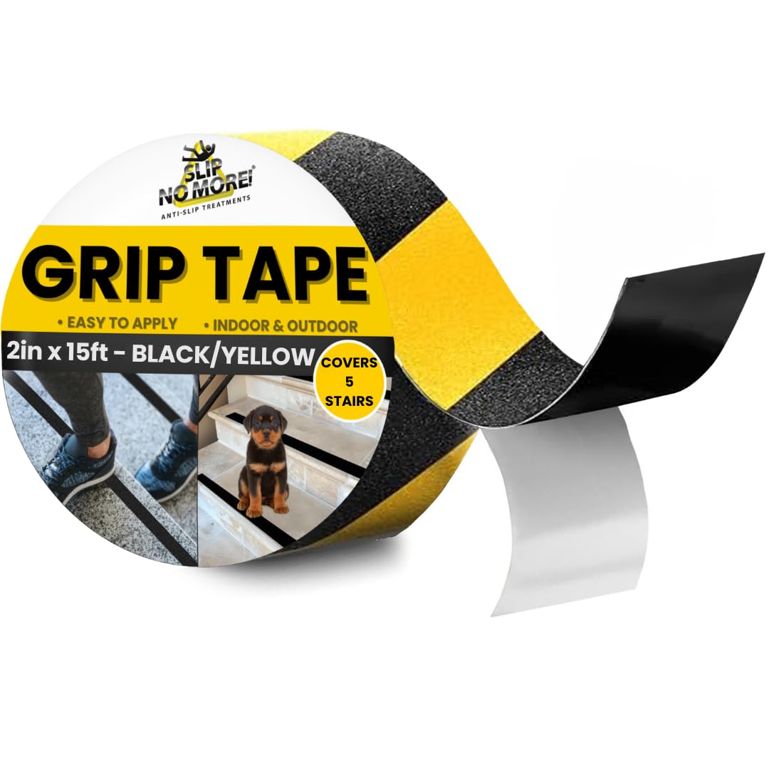 Grip Tape - Heavy Duty Hazard Tape Roll - Black and Yellow 2in x 15ft. Waterproof, Non Skid Tape for Stairs & Ramps.