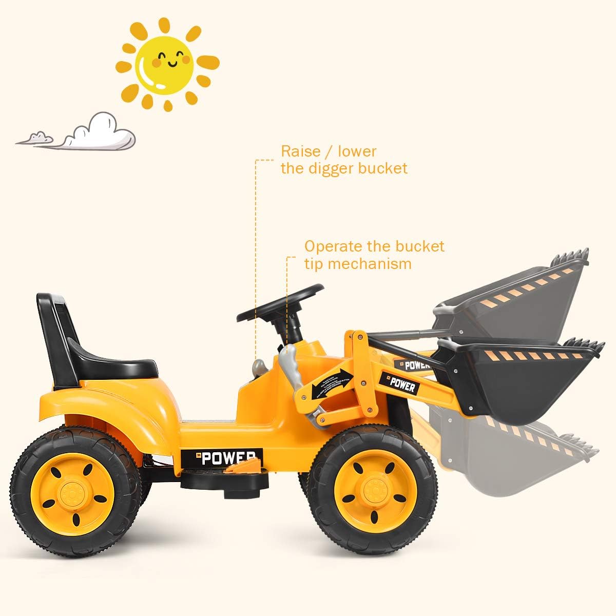 FFlyer Kids Ride on Excavator, 6V Battery-Powered Loader Digger w/Controllable Digging Bucket, Horn &