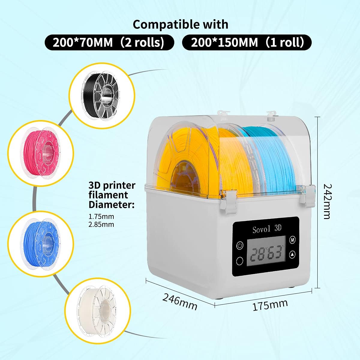Filament Dryer 2026, SH01 Filament Dehydrator 3D Printer Spool Holder with Upgraded Fan, Dry Box for Keeping Filament