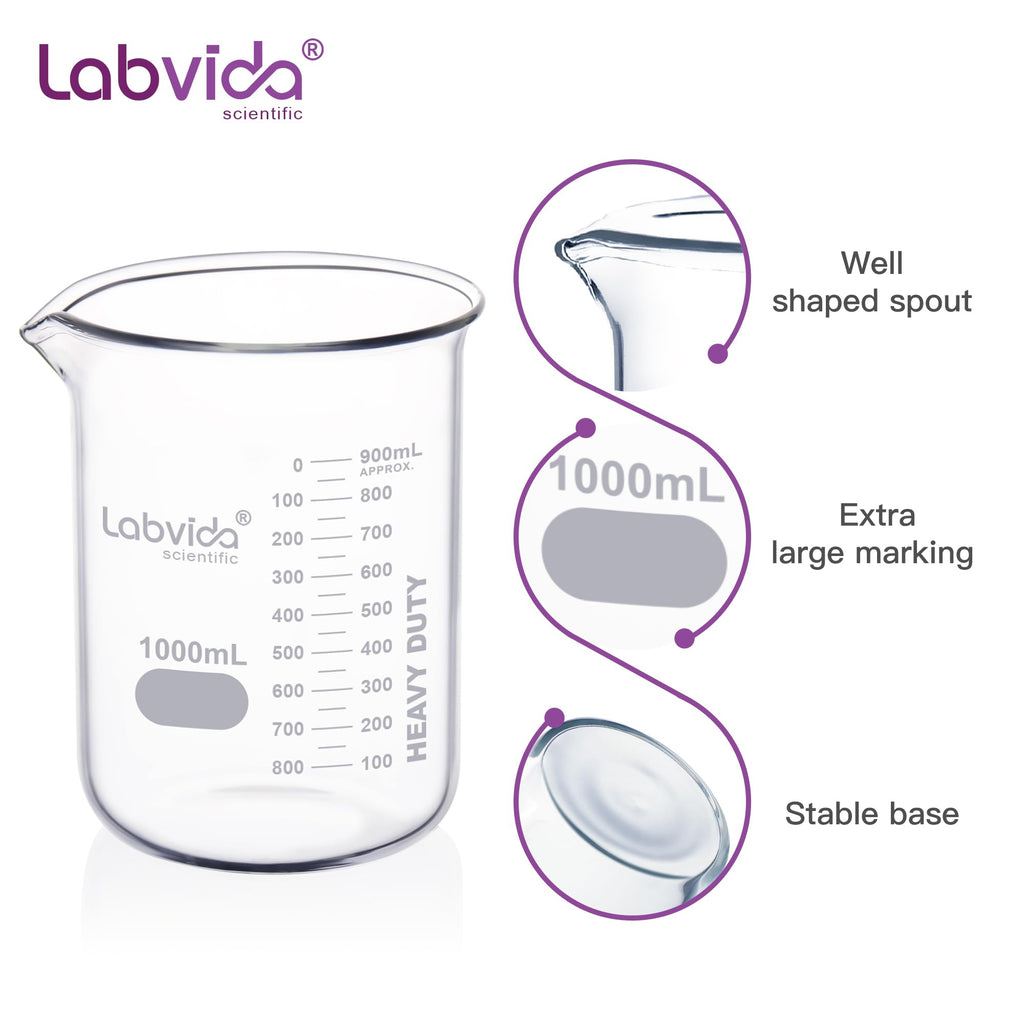 2pcs 1000ml Upgrated Thick Glass Beakers, Griffin Low Form Beaker Set with Double Scale, 3.3 Boro, LVA014