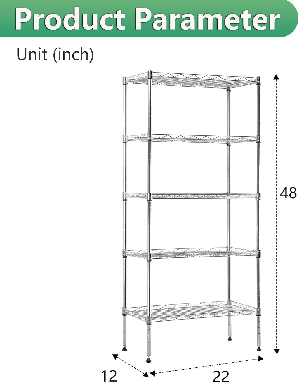 5-Tier Wire Shelf | 22" x 12" x 48" | Chrome