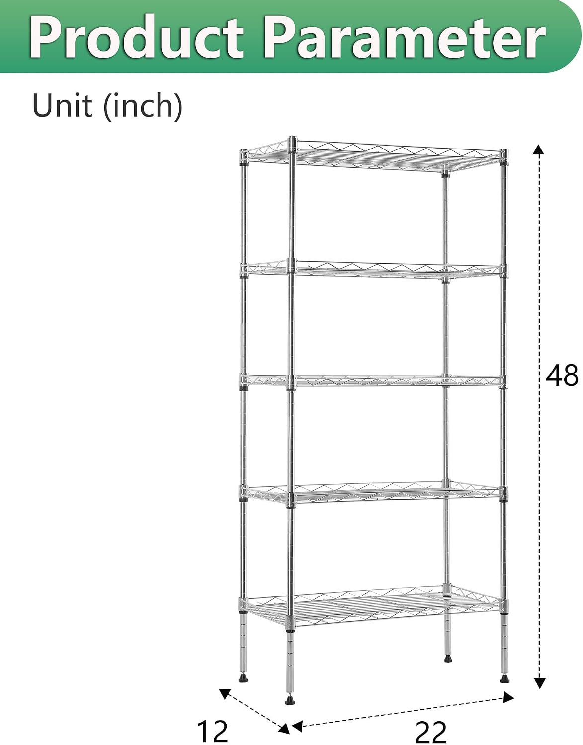 5-Tier Wire Shelf | 22" x 12" x 48" | Chrome