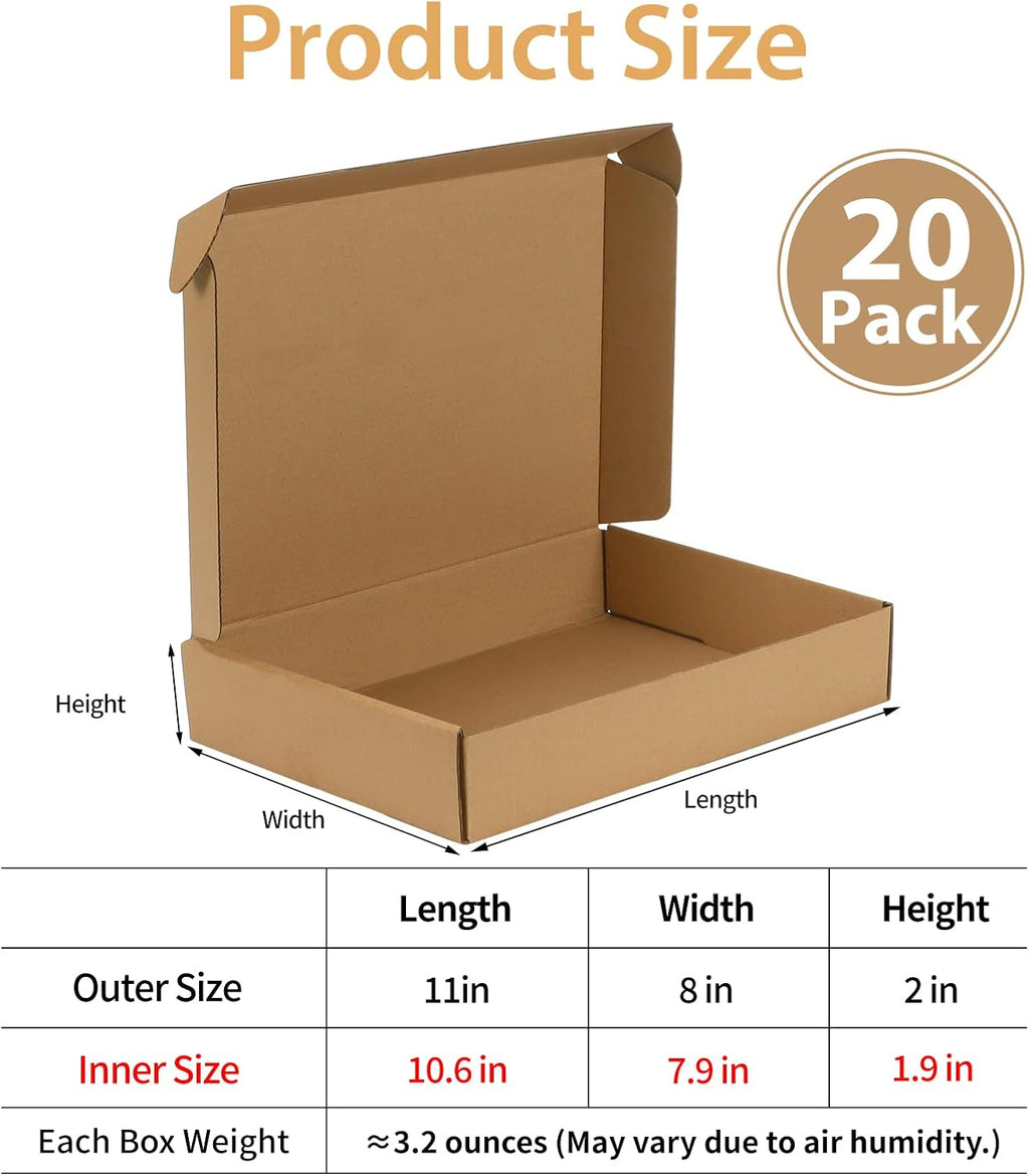 Shipping Boxes 11x8x2 Set of 20, Corrugated Cardboard Box for Packing Small Business, Brown