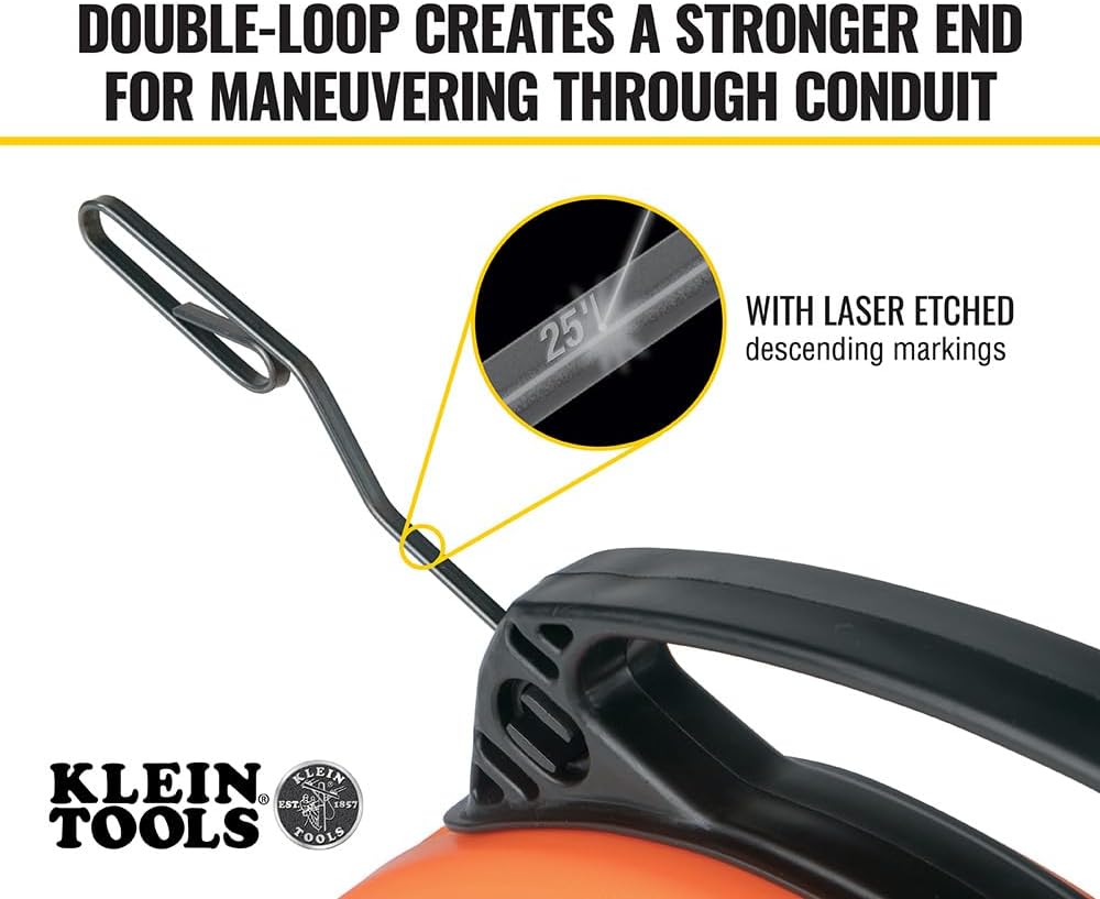 56331 50-Foot Electrical Fish Tape, Steel Wire Puller with Double Loop Tip, Optimized Housing and Handle, 1/8-Inch