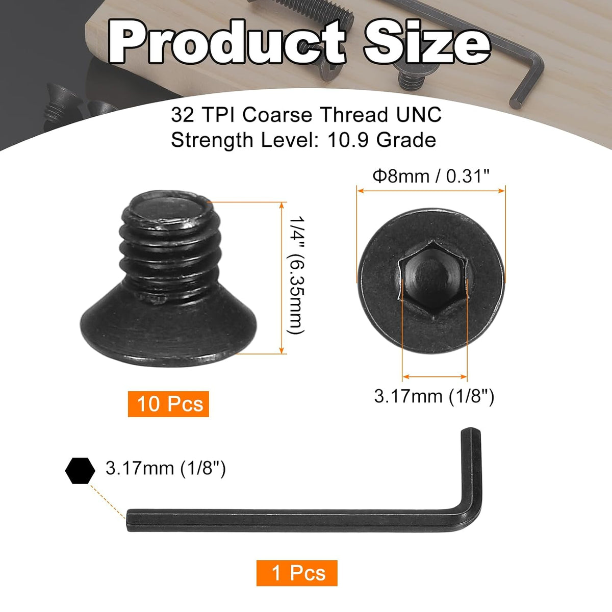 PATIKIL #10-32 x 1/4 Inch Flat Head Socket Cap Screws, 10 Pcs Flat Countersunk Bolts Hex Socket Drive Machine Screws Full Thread Coarse Thread UNC with Hex Spanner Black Oxide Grade 10.9