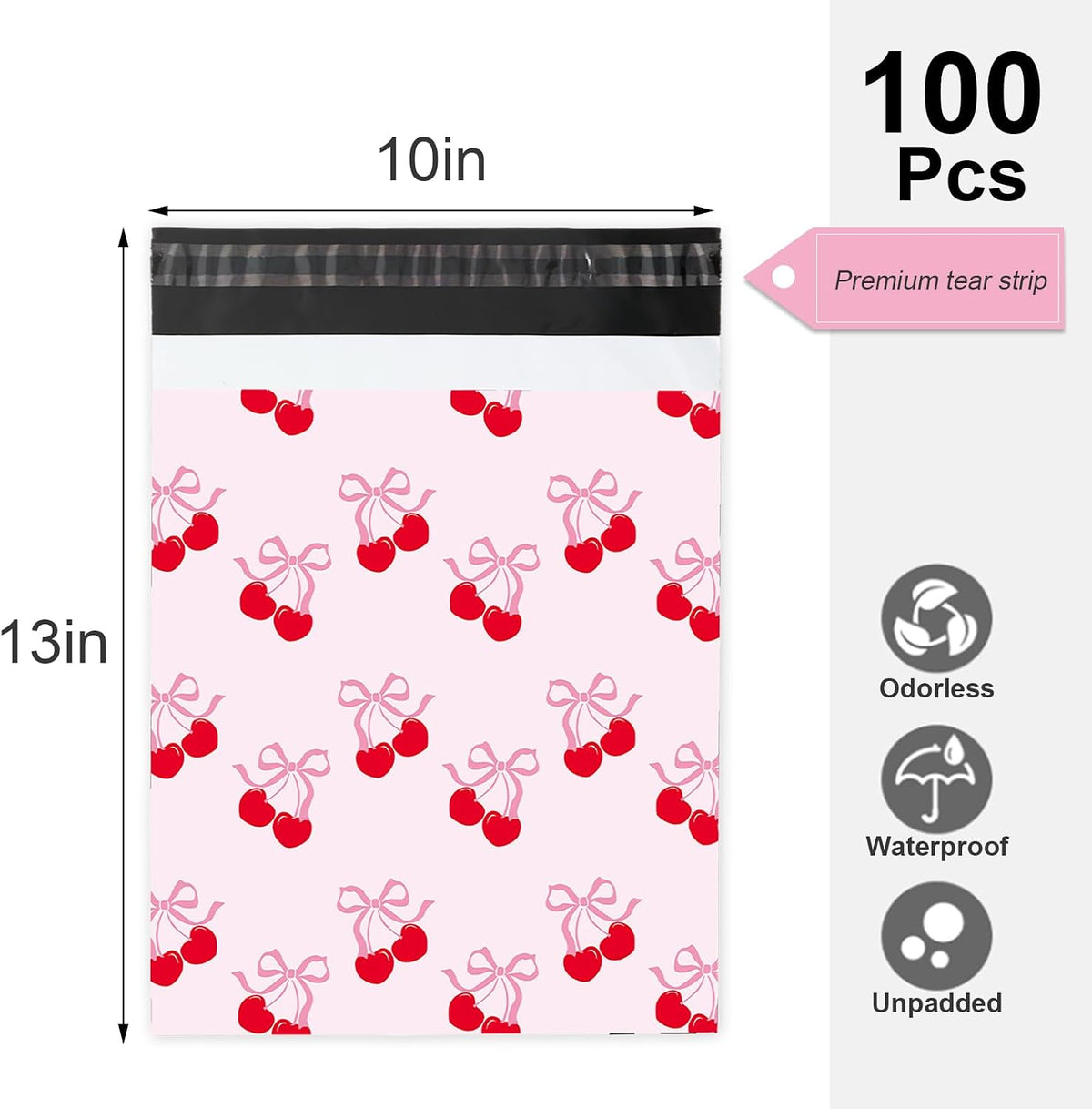 100Pcs Cherry Poly Mailer 10 x 13 Inch Pink Bow Fruit Mailing Bag Valentine Cute Self-Sealing Plastic Packaging